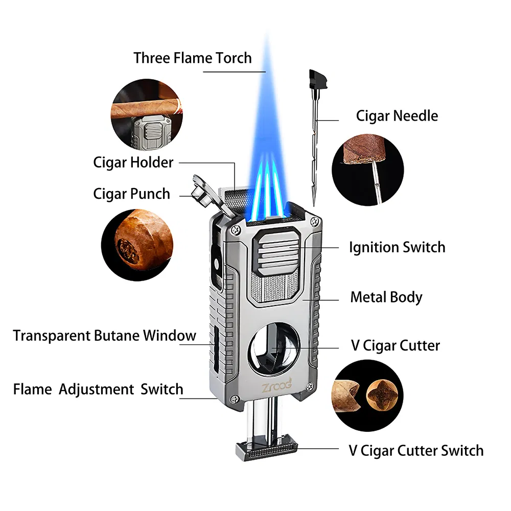 2024 Multi-Functional Accessories 4-in-1 Refillable Cool Butane Cigar Lighters for Travel